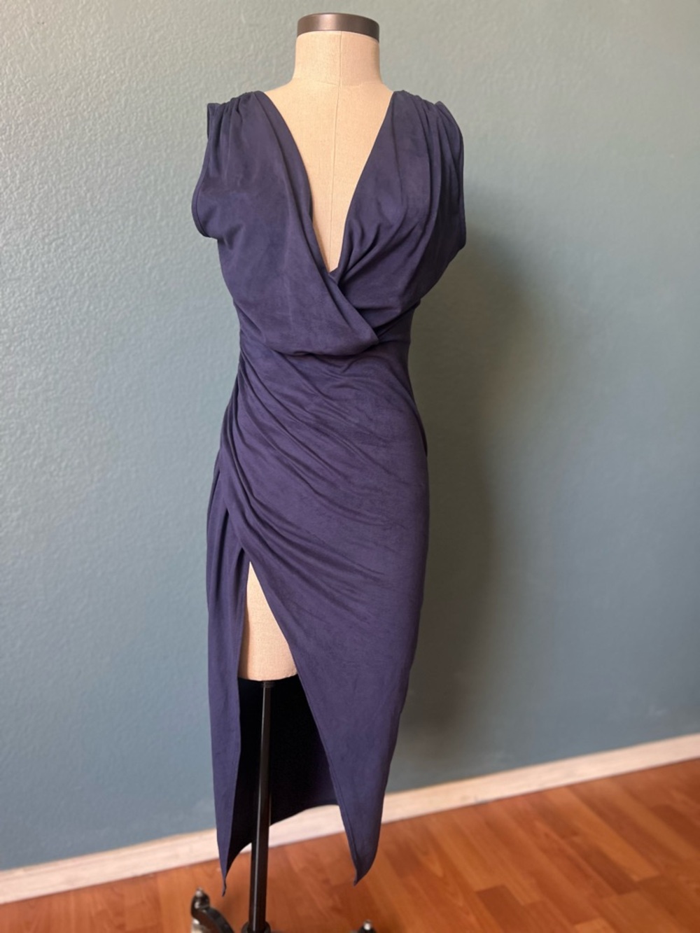 Fashion Nova Deep Navy High-Low Draped V-Neck Midi Dress